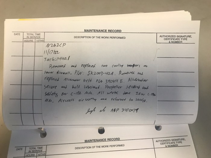 Aircraft maintenance logbook entry example