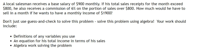 A salesman receives a fixed salary of 0 per week